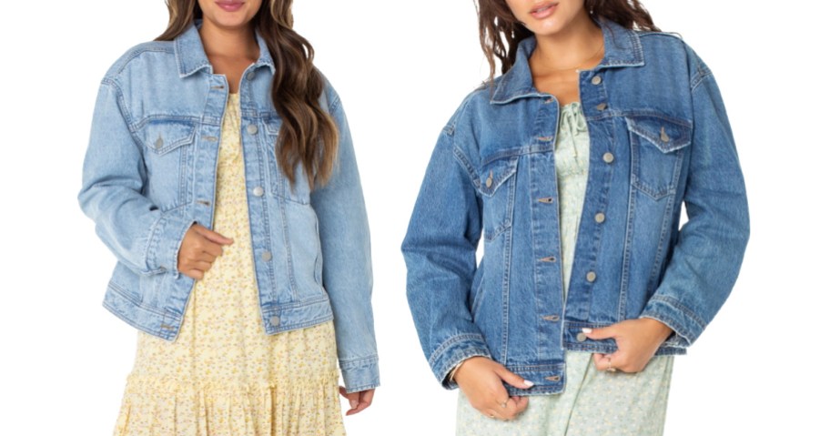 2 women posing in Walmart Celebrity Pink Women's Oversized Denim Jackets