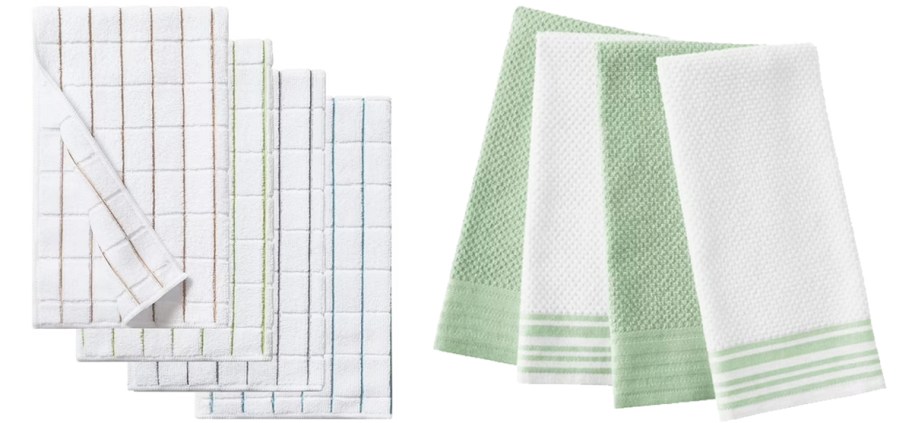 white and green sets of kitchen towels