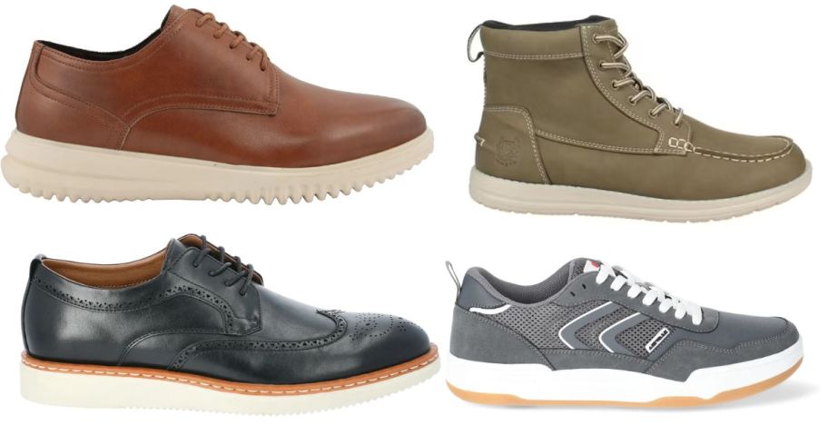 various styles of men's shoes in brown, green, black, and gray