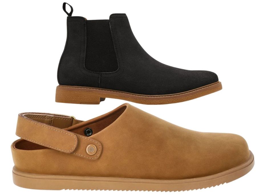 2 men's shoes: one black boot and one brown clog