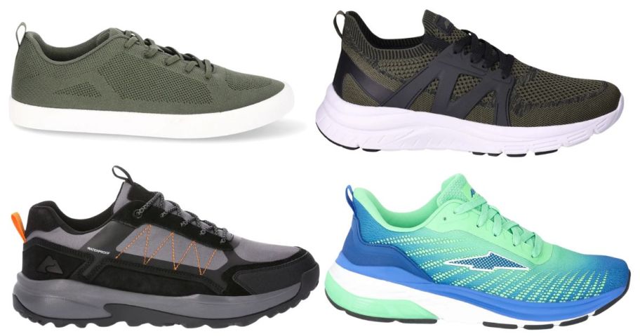 various styles of men's shoes in brown, green, black, and and teal