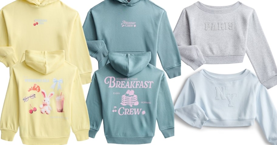 stock images of weekend academy girls graphic sweatshirts in different styles