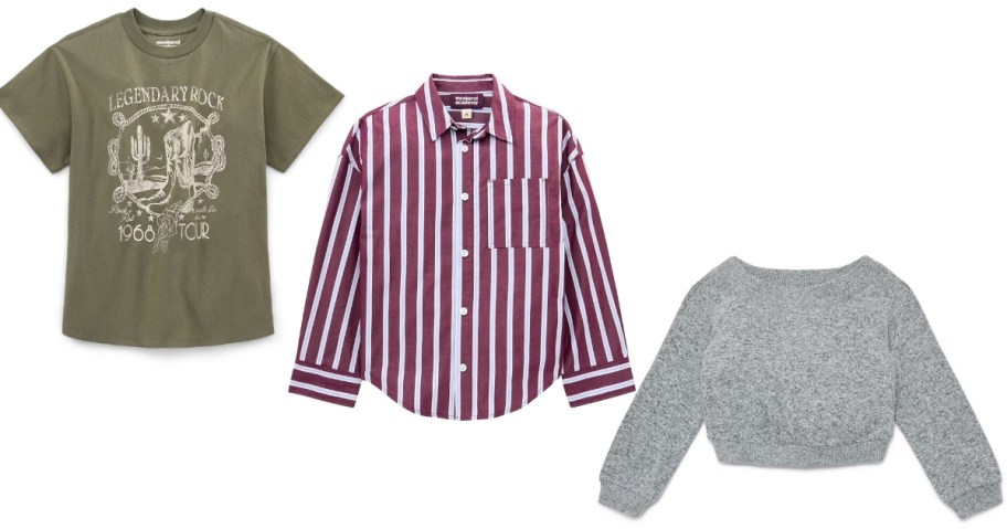 stock images of weekend academy girls graphic tee, button down shirt and sweater