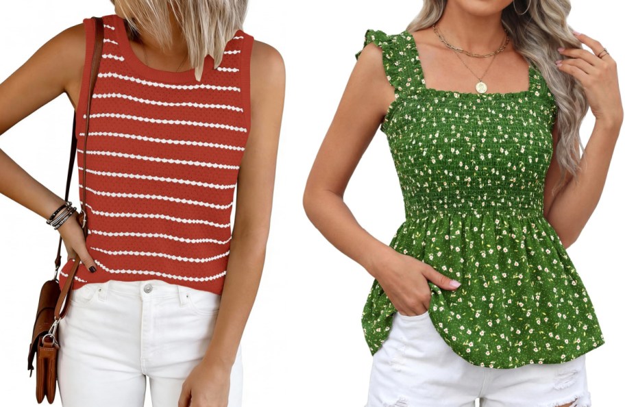 Two women wearing summer tops. Left wears a sleeveless red top with white stripes, accessorized with a brown crossbody bag. Right wears a green floral peplum top.