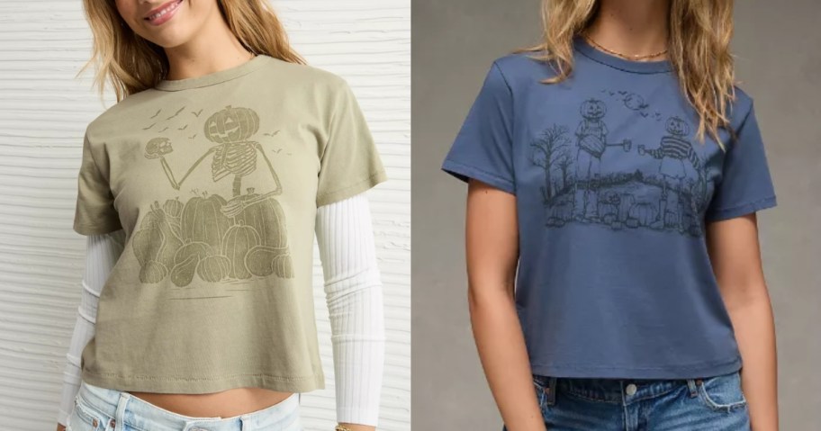 2 women wearing Halloween graphic tees