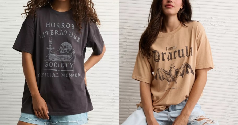 2 women wearing Halloween graphic tees