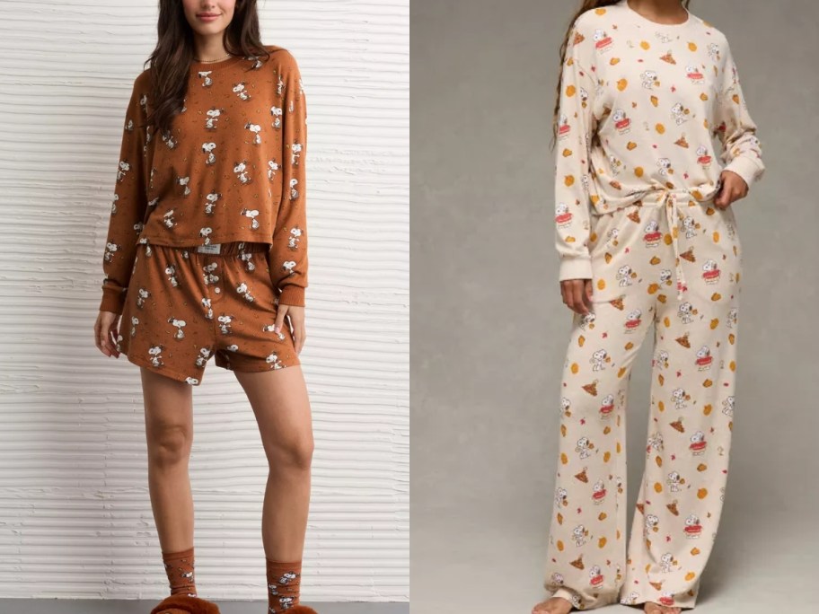 2 women wearing Snoopy Halloween pajama sets