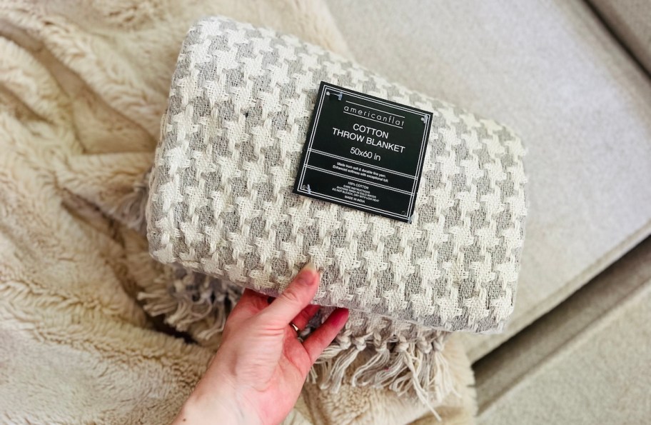 white and gray herringbone cotton throw blanket
