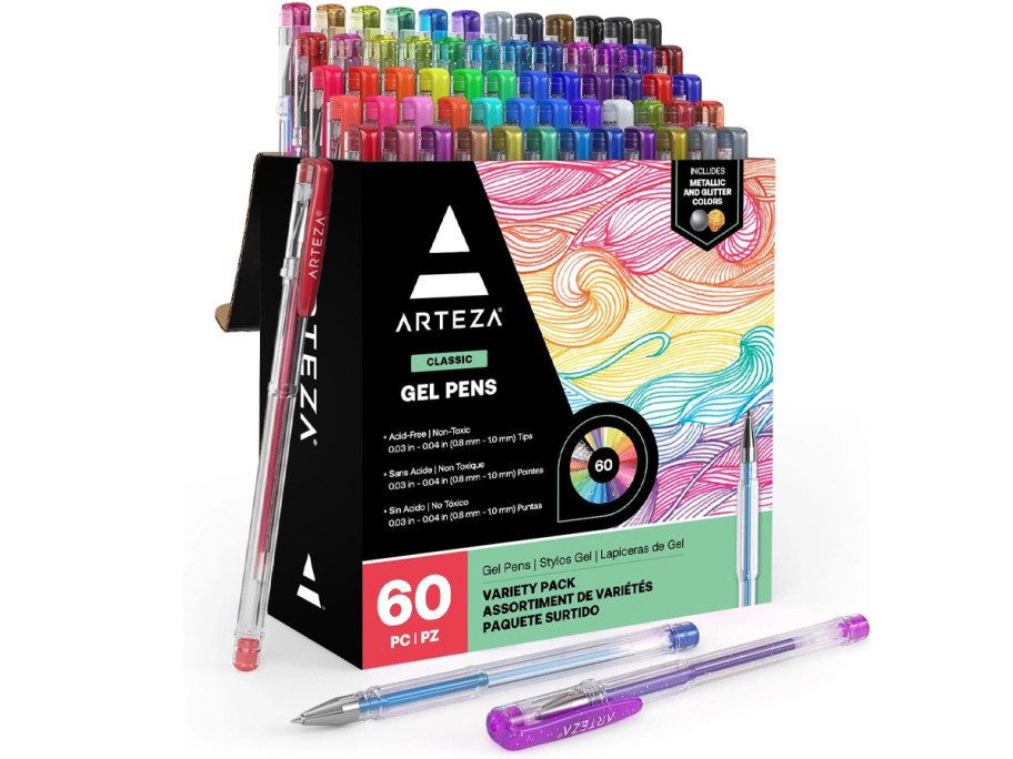 60 count arteza gel pens box with pens laying outside of it 