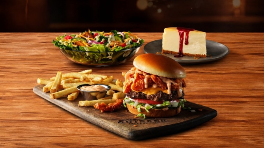 outback aussie 3 course items, including burger, salad and cheesecake