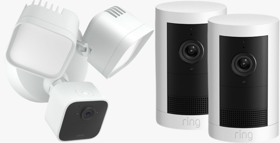 a blink floodlight secutiry cam and a 2 pack of ring cameras