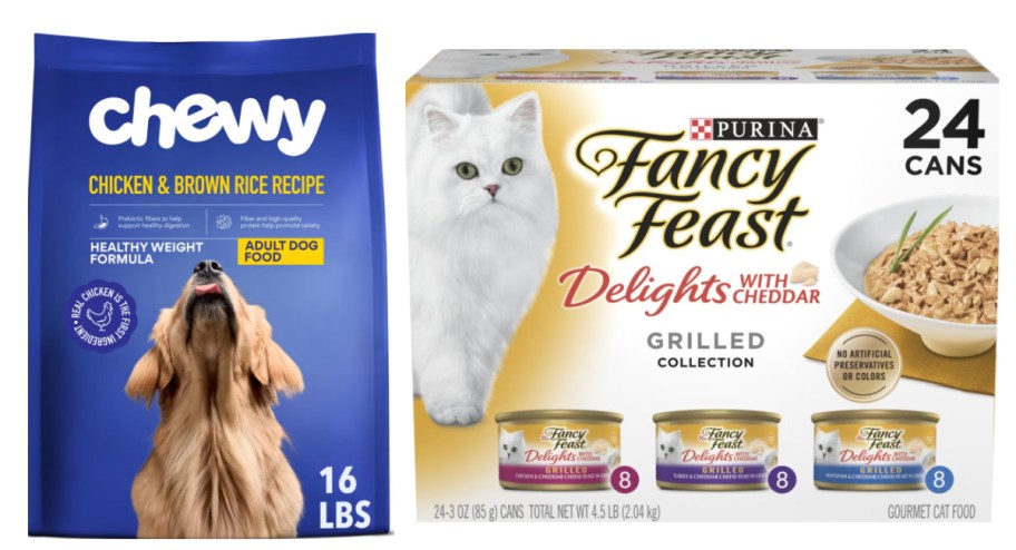 bag of dog food and case of cat food