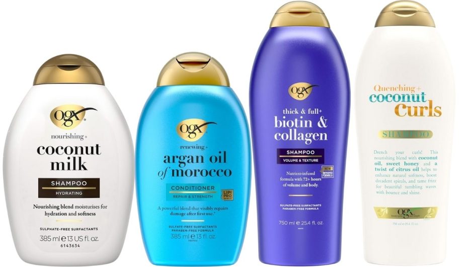 4 assorted bottles of OGX shampoos and conditioners