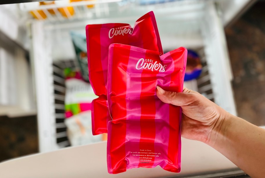 hand holding cool coolers ice packs over freezer