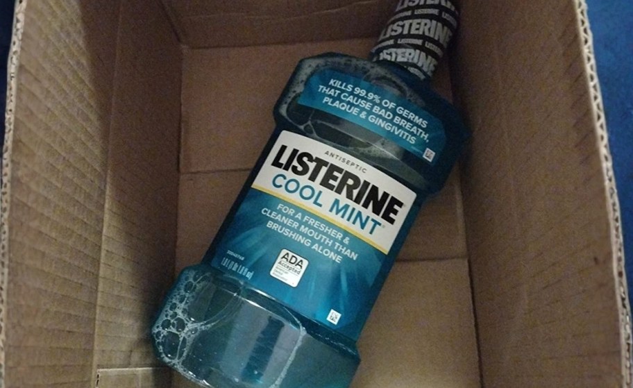 a bottle of cool mint listerine in a cardboard box