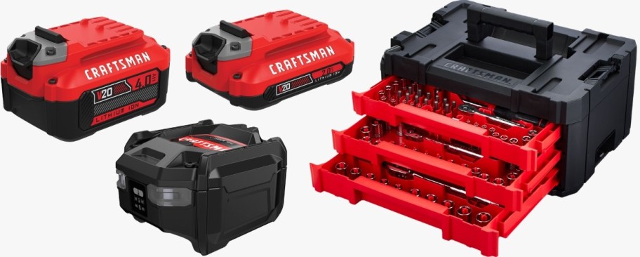a powertool battery and charger, and a stackable tool chest with tools