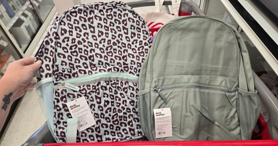 two dealworthy backpacks in cart in store
