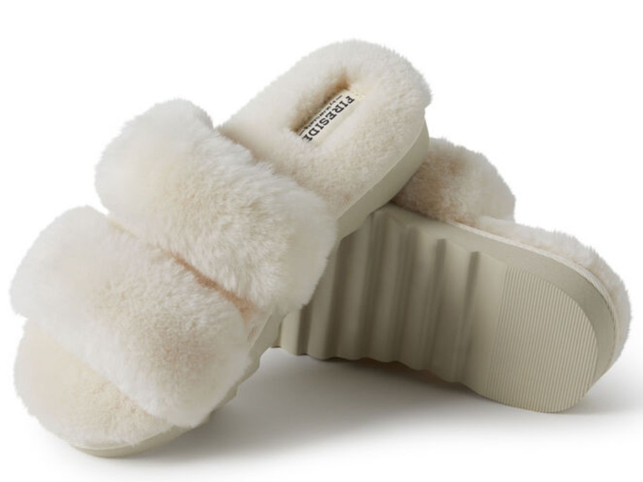 a pair of women's off white double band fuzzy slippers