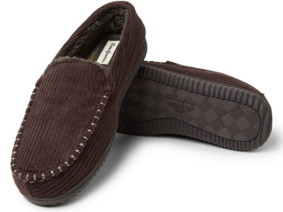 a pair of men's brown moccasin style slippers
