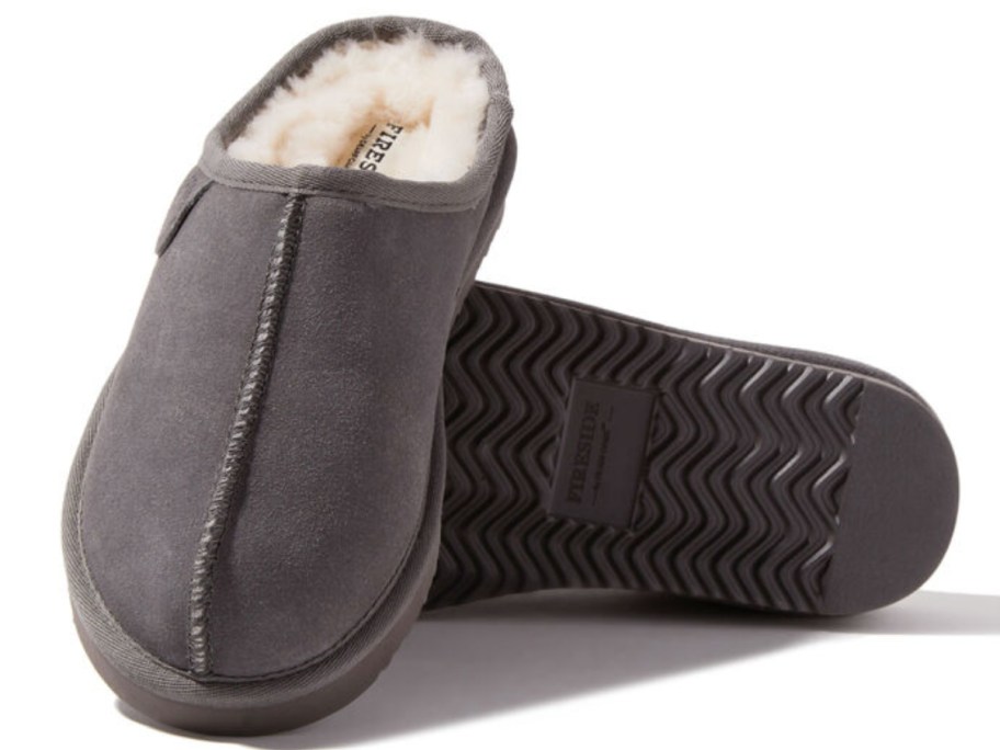 a pair of grey clogs with shearling inside