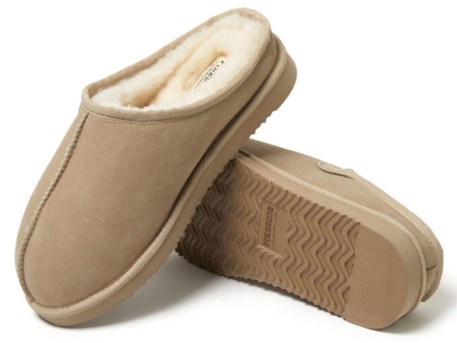 a pair of men's tan clog slippers with shearling inside