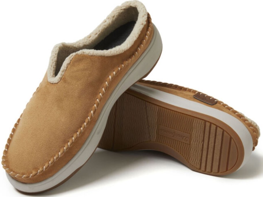 a pair of men's tan slipper shoes
