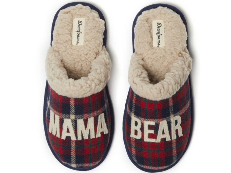 a pair of plaid slippers that say 