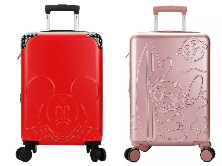two disney luggages in red and pink