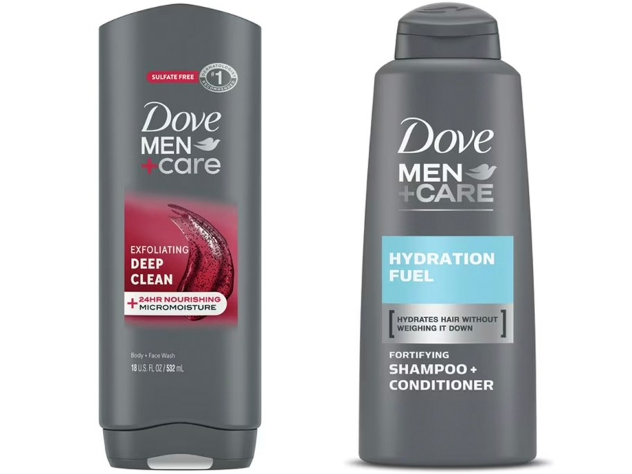 dove men care body wash and shampoo bottles