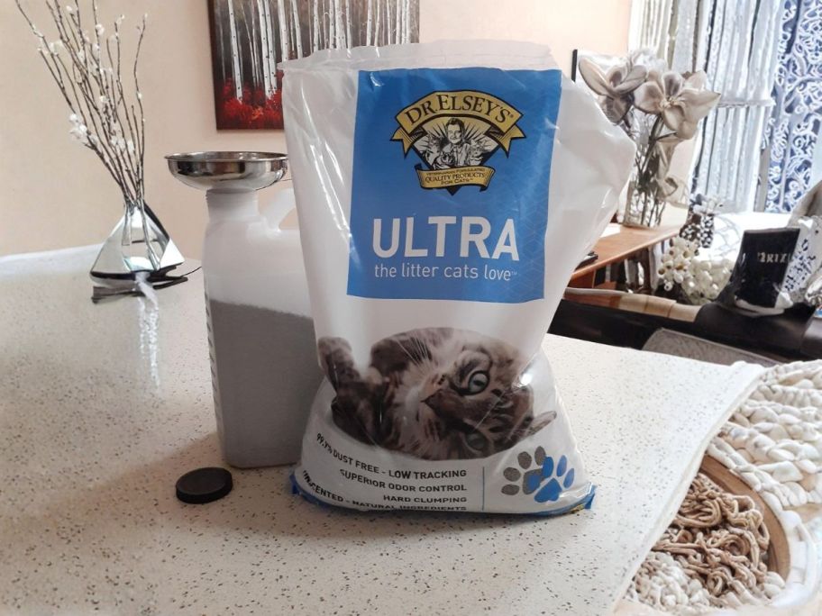 Dr. Elsey's Cat Litter 40lb bag on counter