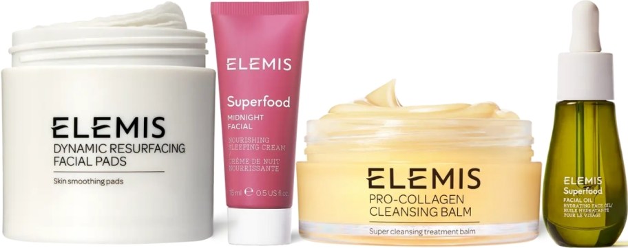 elemis resurfacing bads, superfood midnight facial, cleansing balm and face oil