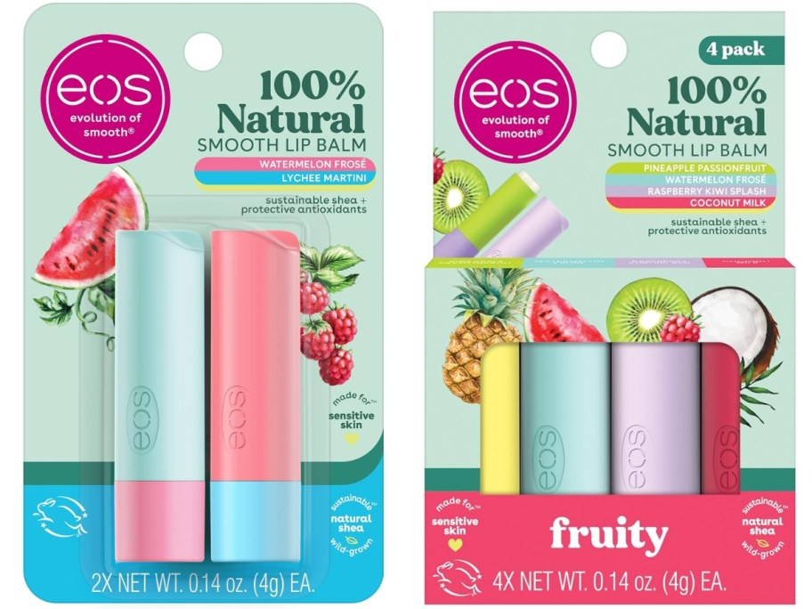 stock image of eos lip balm 2-pack and 4-pack with multiple flavors