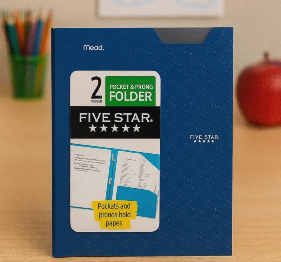 blue five star pocket folder on desk