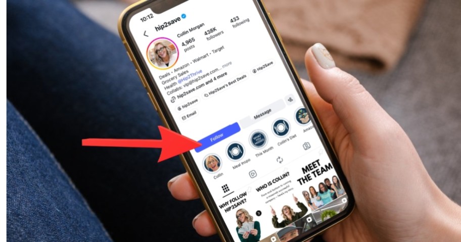 hand holding phone with hip2save instagram on screen