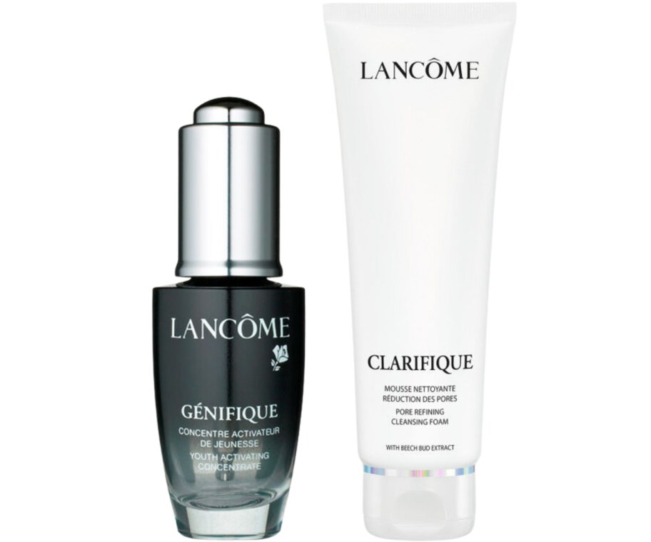 a bottle of skin serum with a tube of face cleanser