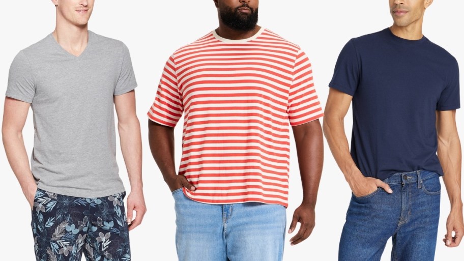three men wearing different style tees