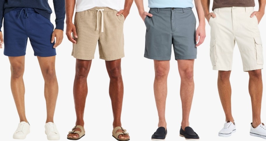 4 men wearing different styles of shorts