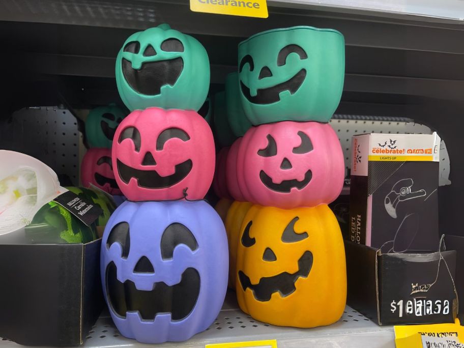 Colorful Jack-o'-Lantern Blow Mold Stacks on shelf in store