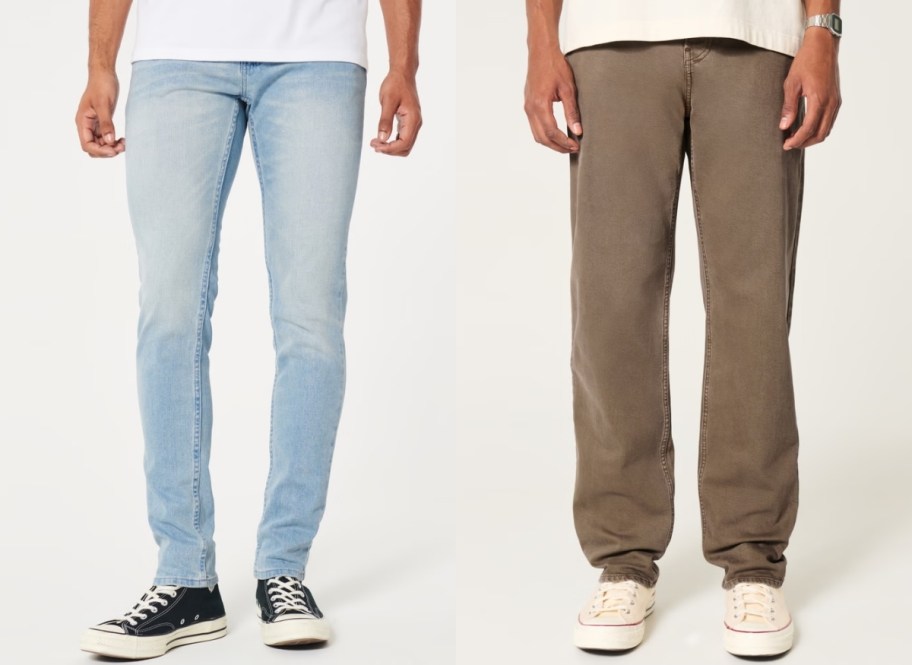two men in different styles and washes of jeans