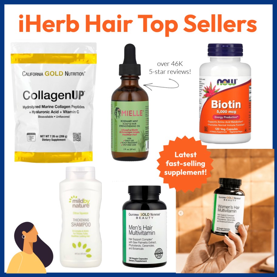 collage with different hair supplements