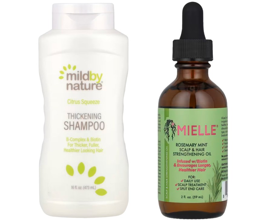thickening shampoo and hair oil bottle