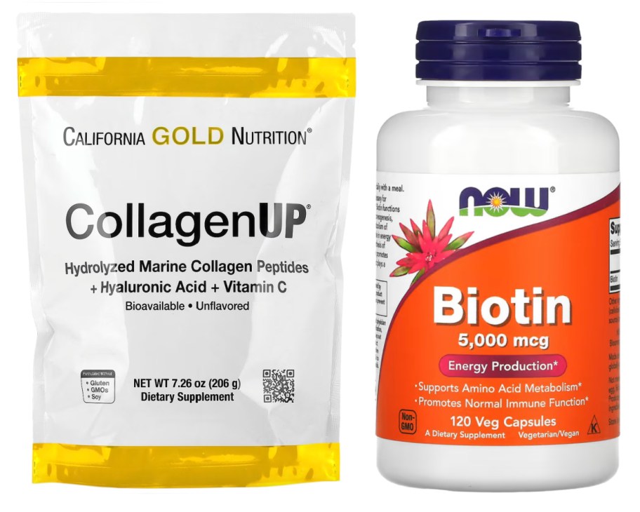 bag of collagen and bottle of biotin