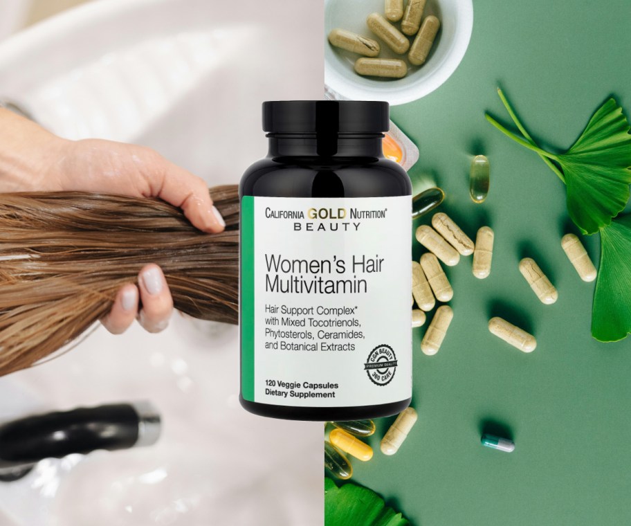 hair vitamin jar over hair pull and vitamins spilled