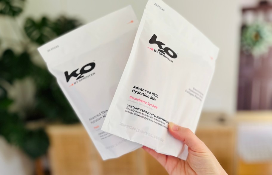 hand holding k2o electrolyte drink packs