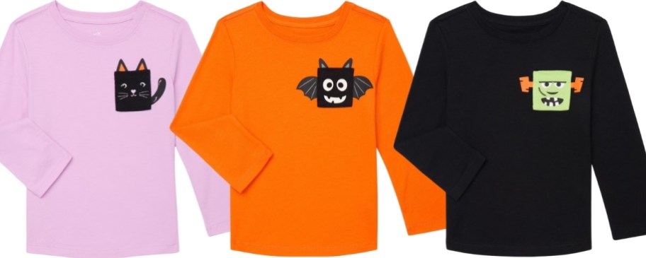 toddler kids halloween pocket tees in pink orange and black