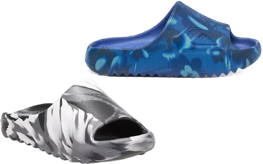 Two pairs of slide sandals are displayed. The top pair is blue with a camouflage pattern, and the bottom pair is gray with white and black swirls.