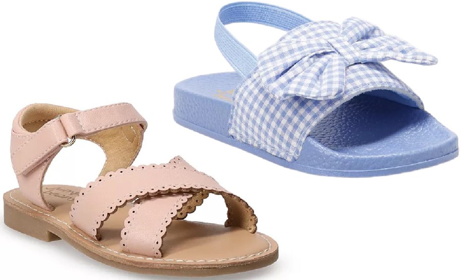 Two children's sandals on display: a pink sandal with scalloped edges and buckle, and a blue gingham slide with a bow.