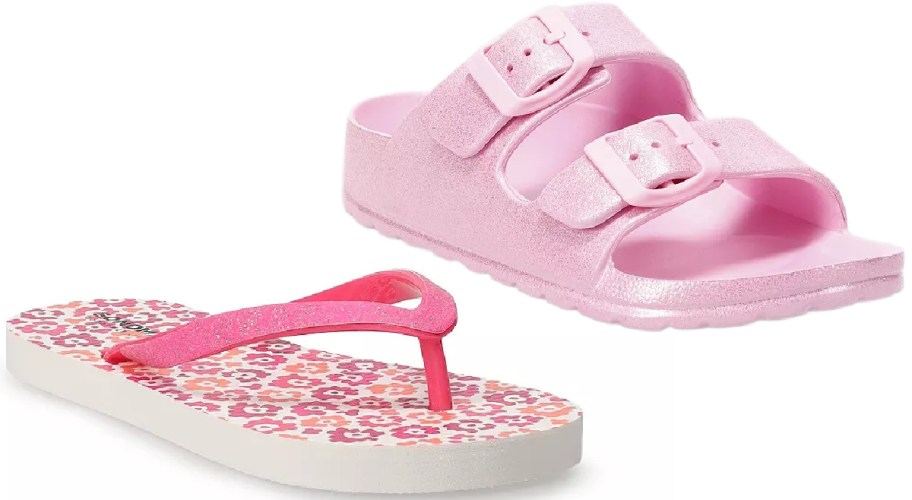 Two sandals are shown: a glittery pink slide with buckles and a floral flip-flop with a pink strap.