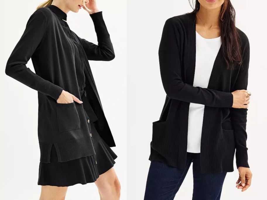 two women wearing black cardigans