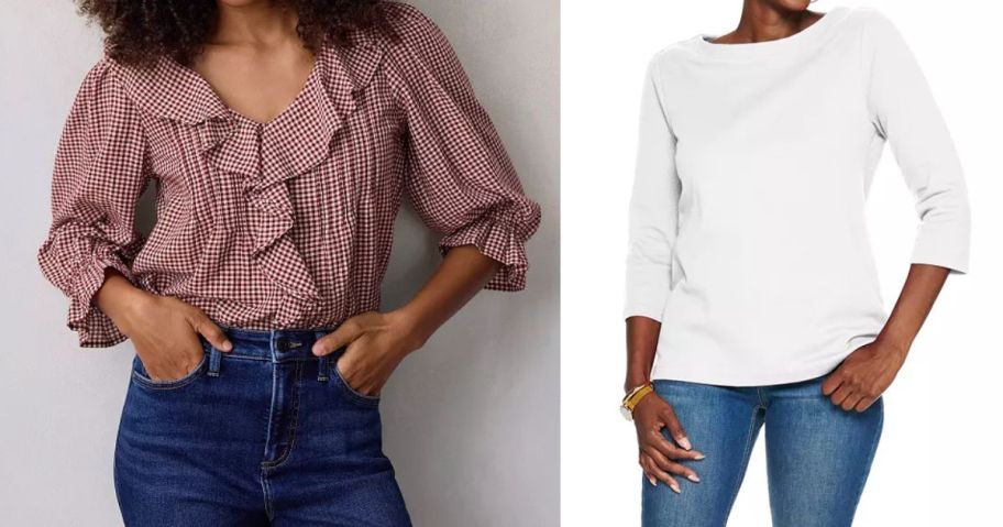 two women wearing kohls tops in red and white